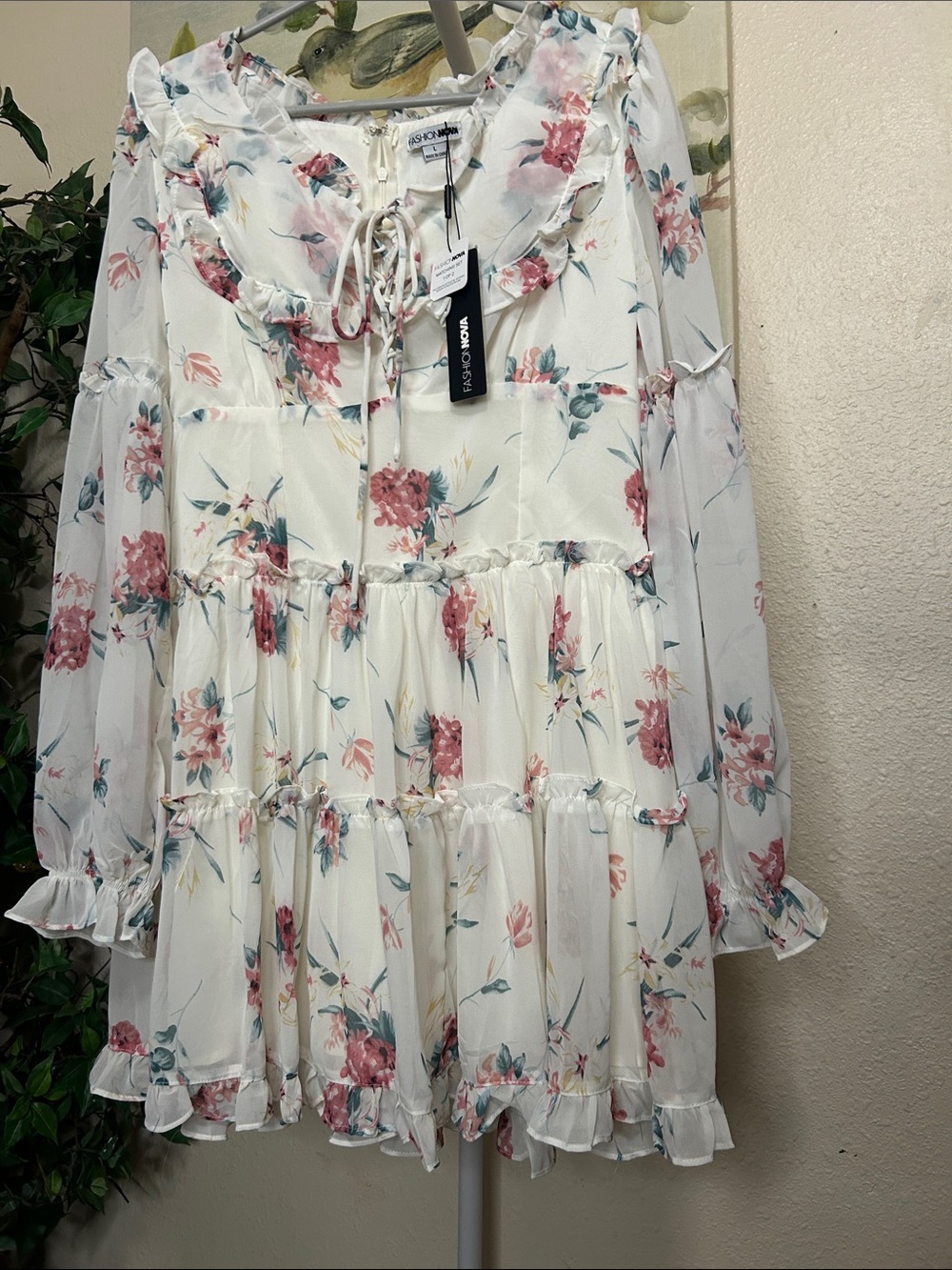 Fashion Nova Cream Floral Tiered Ruffle Mini Dress